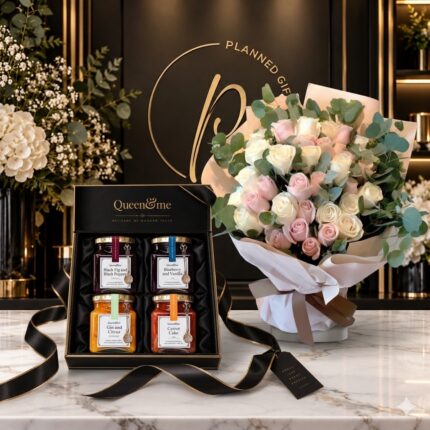 The Queen’s Blush – Rose Bouquet & Artisan Jam Collection